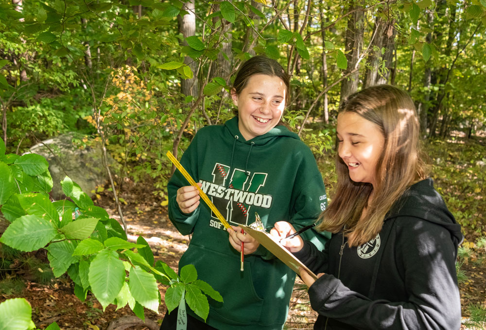 Two students studying leaves outside in science - Fall 2022