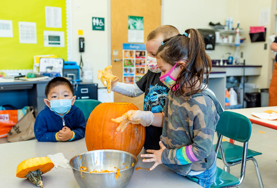 Students carving a pumpkin